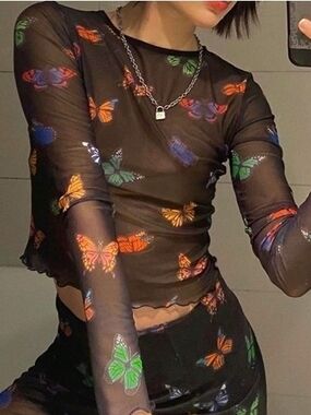 Current Mood Black Sheer Butterfly Mesh Long Sleeve Top